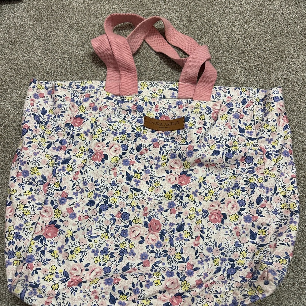 Laura Ashley Floral Canvas Bag with Pink Handles